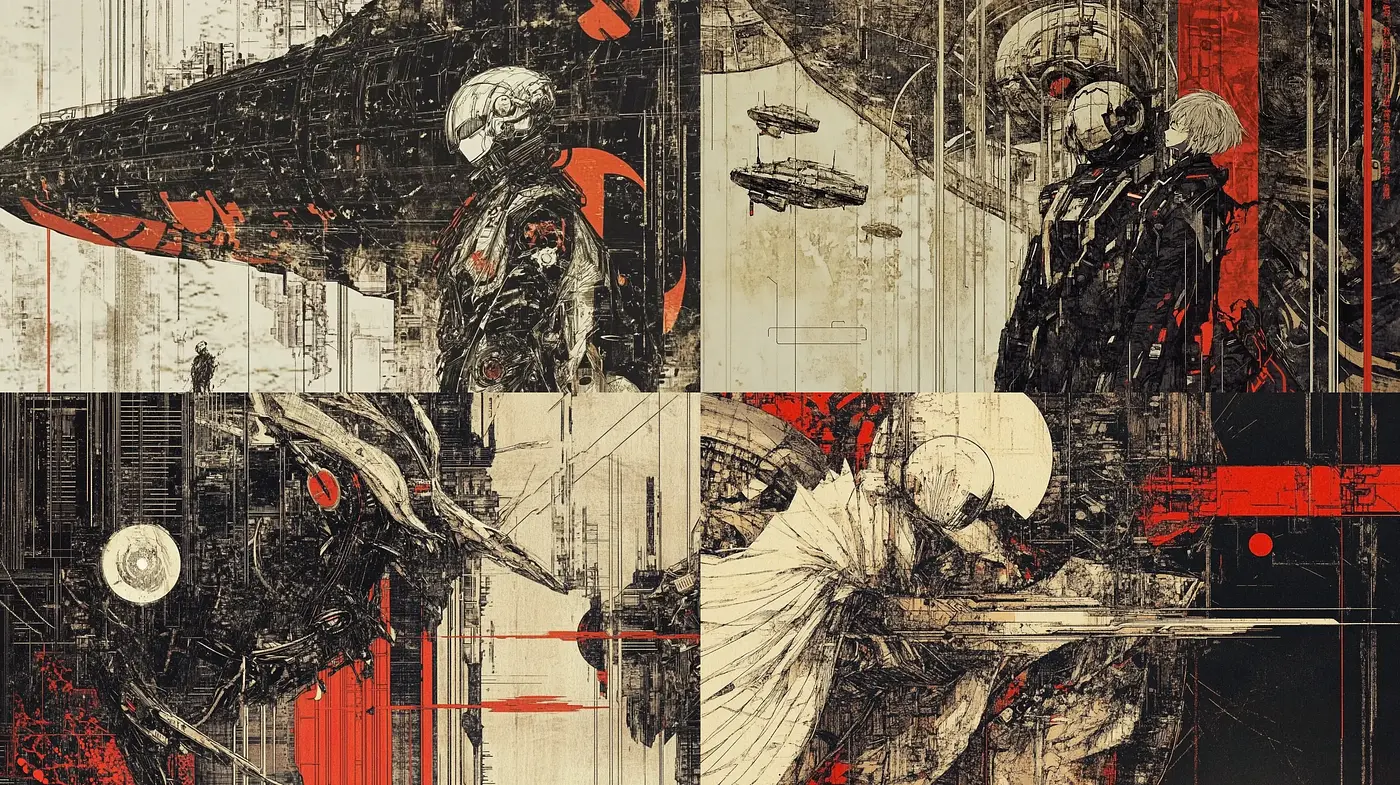 Distressed Futuristic Collage with Monochromatic and Crimson Accents - Midjourney sref style