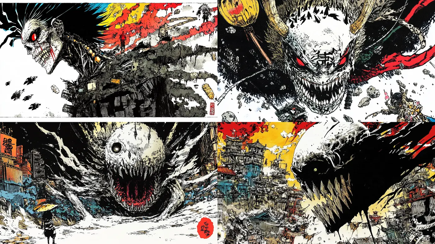 Dynamic and Grungy Anime-Inspired Artwork with Dark Fantastical Elements - Midjourney sref style