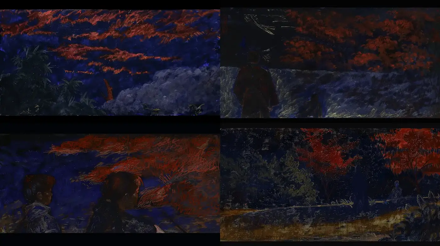 Dynamic and expressive interpretations of nature and figures under vivid skies - Midjourney sref style