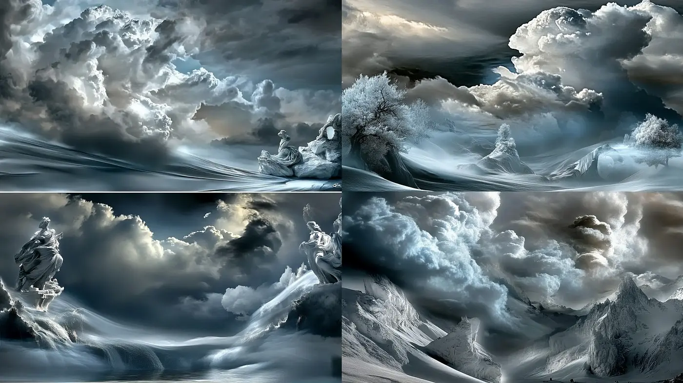 Ethereal Monochromatic Vistas: A Homage to Surrealist Dreams - Midjourney sref style