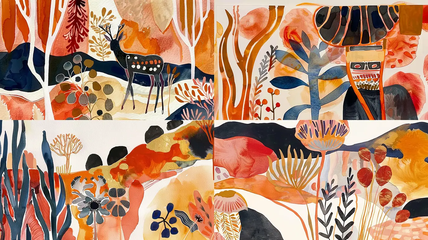 Autumnal Hues in Abstract Nature-Themed Watercolor Fusion - Midjourney sref style