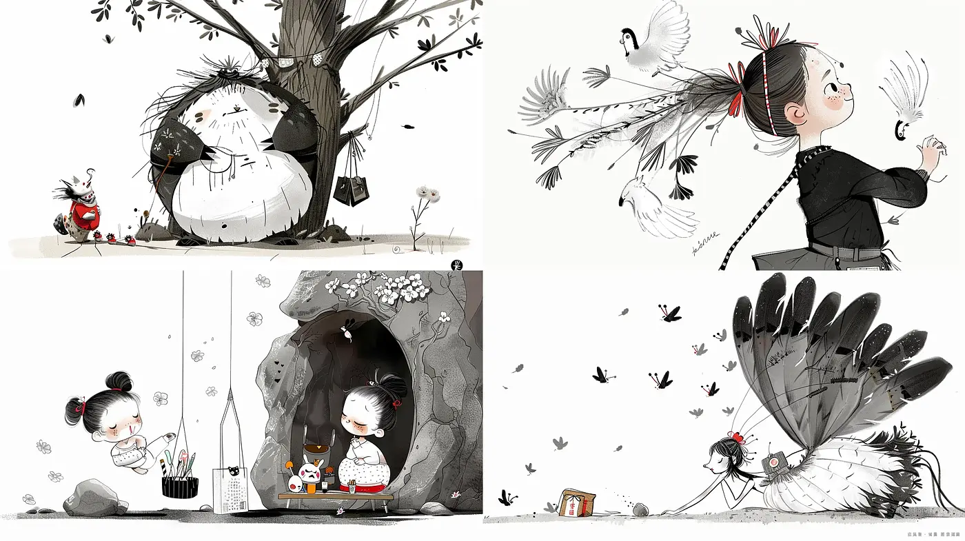 Whimsical Monochrome Illustration Ensemble - Midjourney sref style
