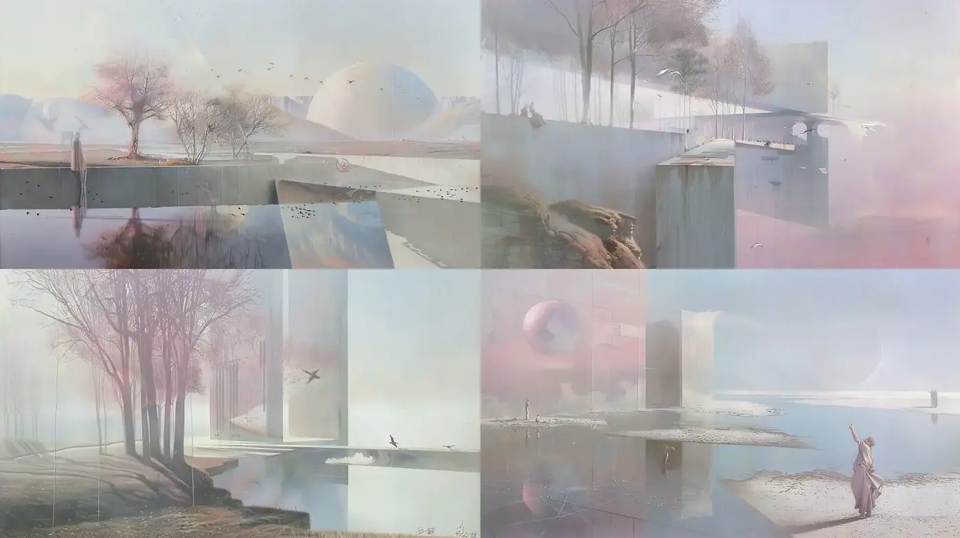 Ethereal Harmonies: Serene Landscapes with Futuristic Elements - Midjourney sref style