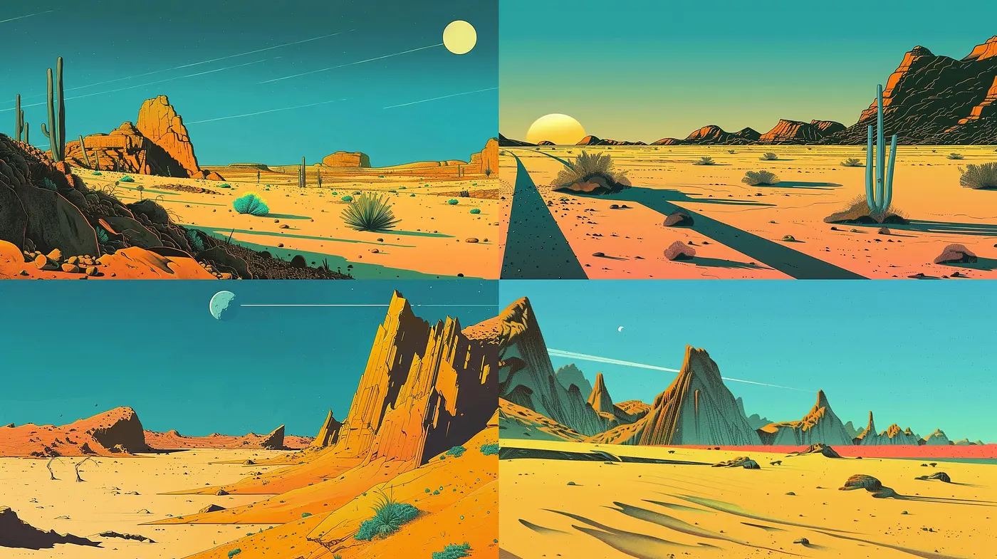 Desert Mirage: A Homage to Golden Age Comic Book Illustrations with a Surreal Twist - Midjourney sref style