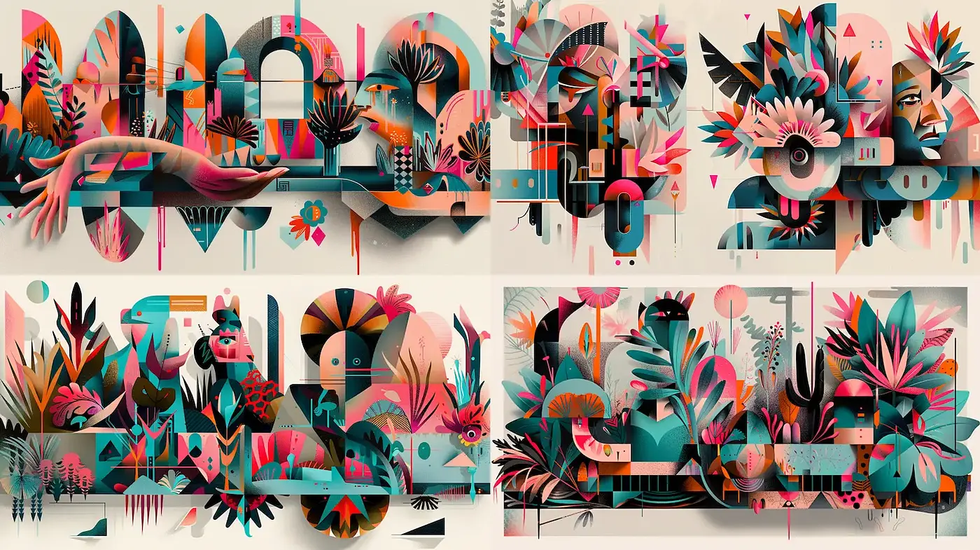 Vibrant Geometric Jungle Artistry with a Whimsical Touch - Midjourney sref style