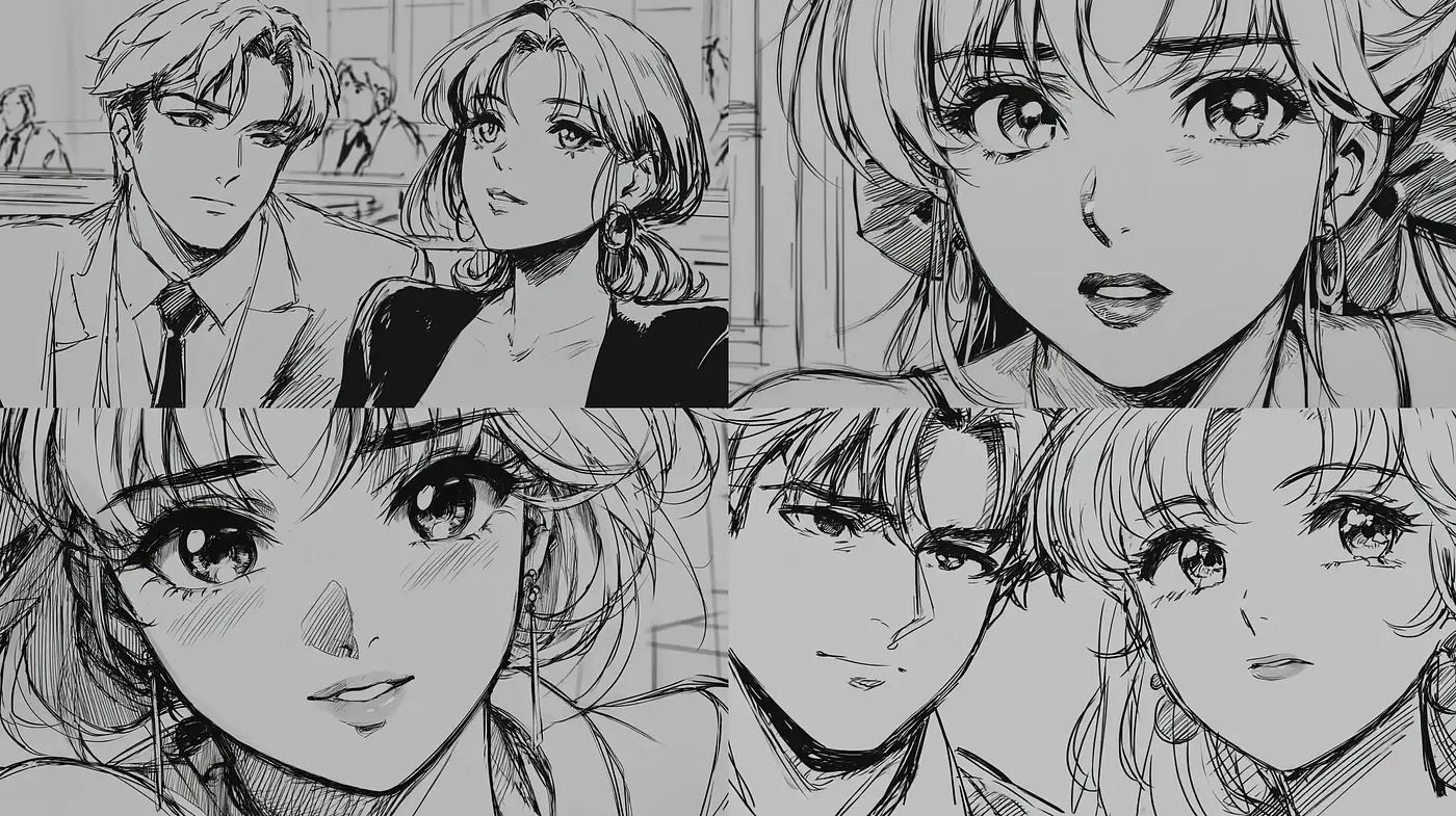 Stylized Manga-Inspired Character Illustrations with Romantic Undertones - Midjourney sref style