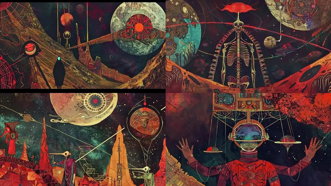 Cosmic Surrealist Fusion with Vivid Ethereal Imagery - Midjourney sref style