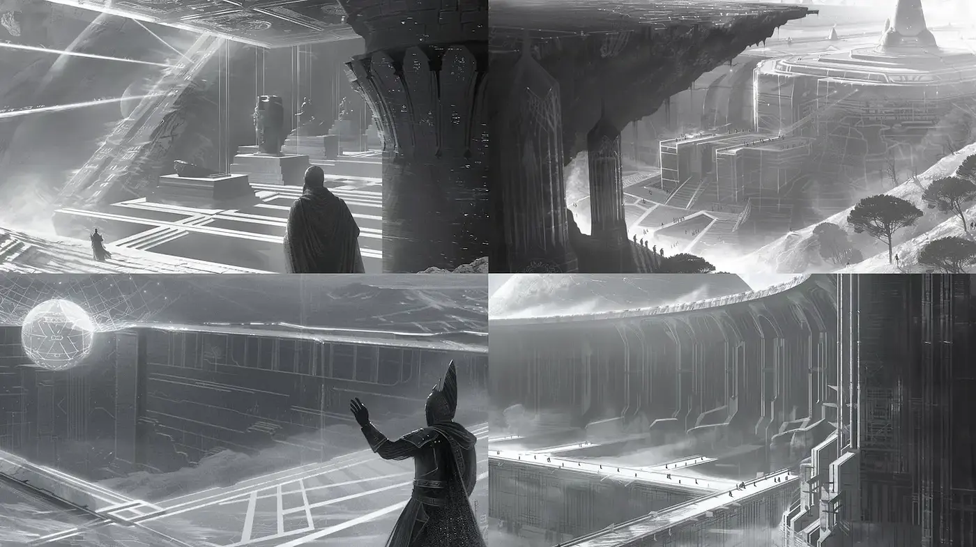 Futuristic Monochrome Landscapes with Intricate Architectural Elements - Midjourney sref style