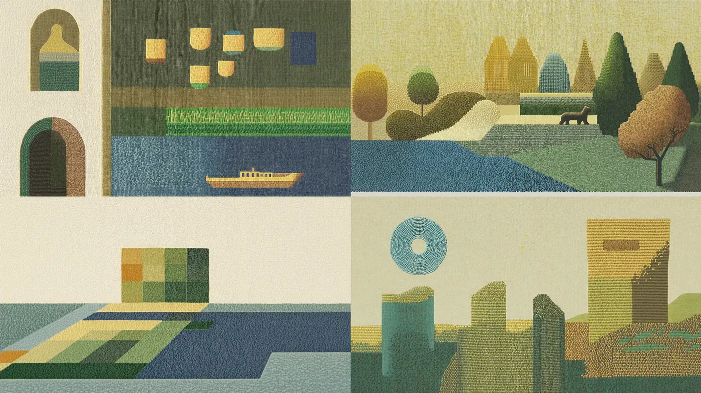 Serene Geometric Abstraction with Retro Textural Elements - Midjourney sref style