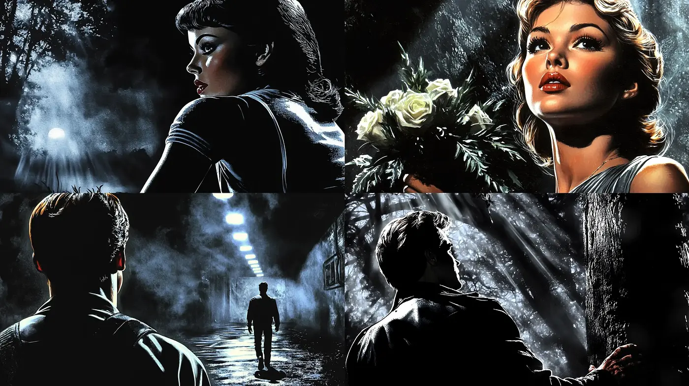 Nocturnal Elegance in a Cinematic Noir Dreamscape - Midjourney sref style