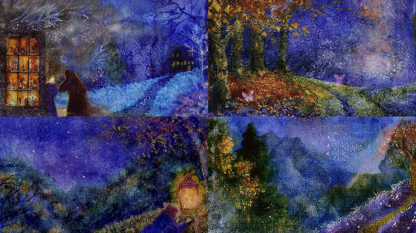 Starry Enchantment: A Textured Tale of Twilight Hues and Cosmic Whispers - Midjourney sref style