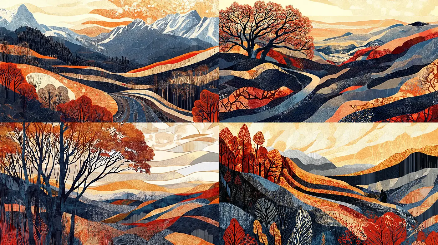 Serene Landscape Tapestries with a Harmonious Autumn Palette - Midjourney sref style