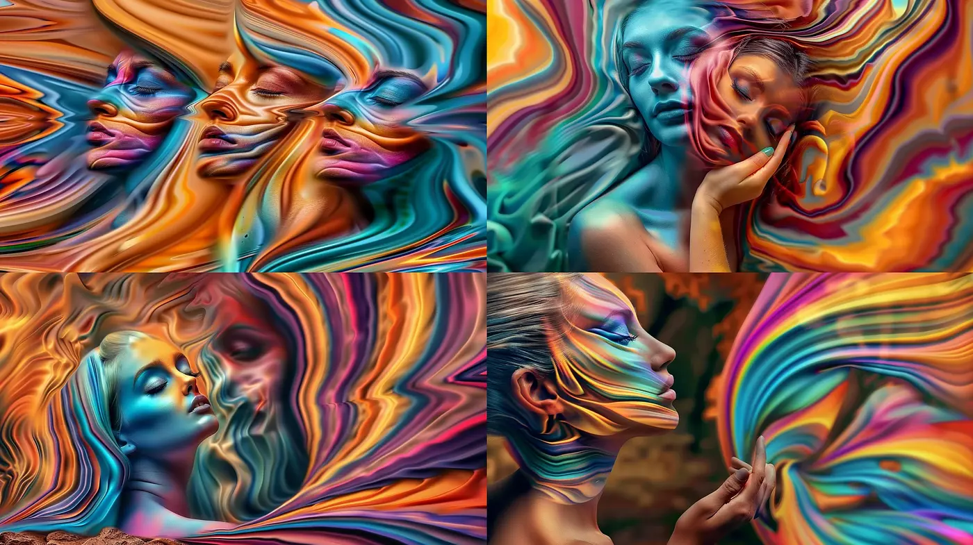Kaleidoscopic Dreamscape: A Fusion of Vibrant Swirls and Surrealist Human Forms - Midjourney sref style