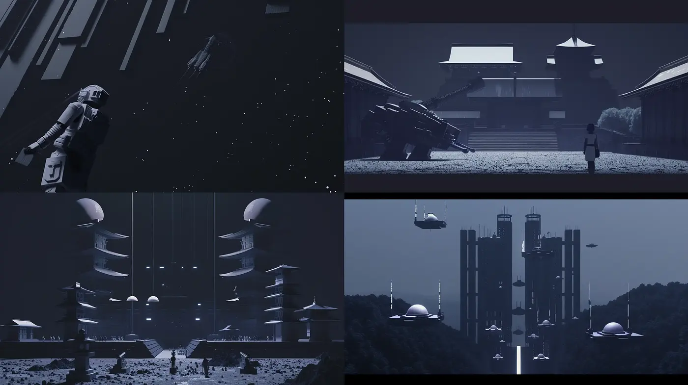 Monochromatic Dystopian Serenity: A Fusion of Modernist Architecture and Sci-Fi Ethereality - Midjourney sref style