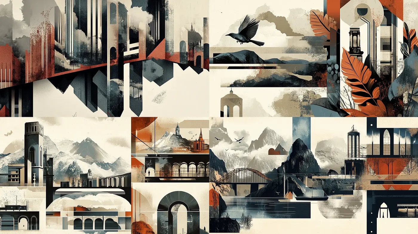 Contemplative Retro-Futurist Montage with a Polychromatic Palette - Midjourney sref style