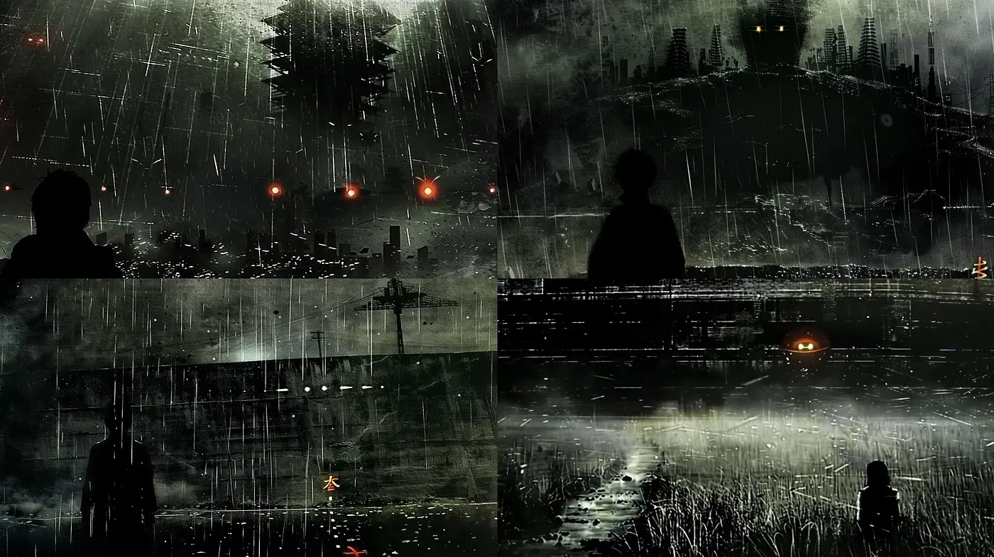 Eerie Nocturnal Tableau with a Glimmer of Industrialization - Midjourney sref style