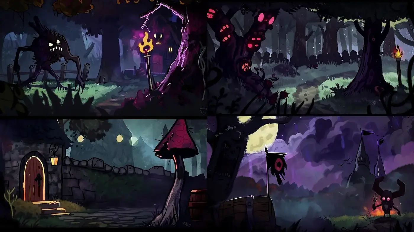 Mysterious and Whimsical Fantasy Landscapes with Dark Undertones - Midjourney sref style