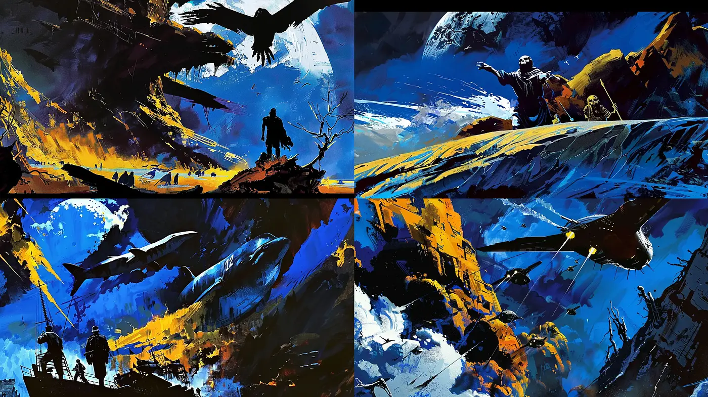 Dynamic Brushwork Escapism in Cerulean and Amber - Midjourney sref style