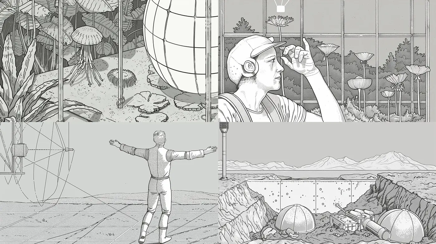 Monochromatic Vision of Retrofuturistic Exploration - Midjourney sref style