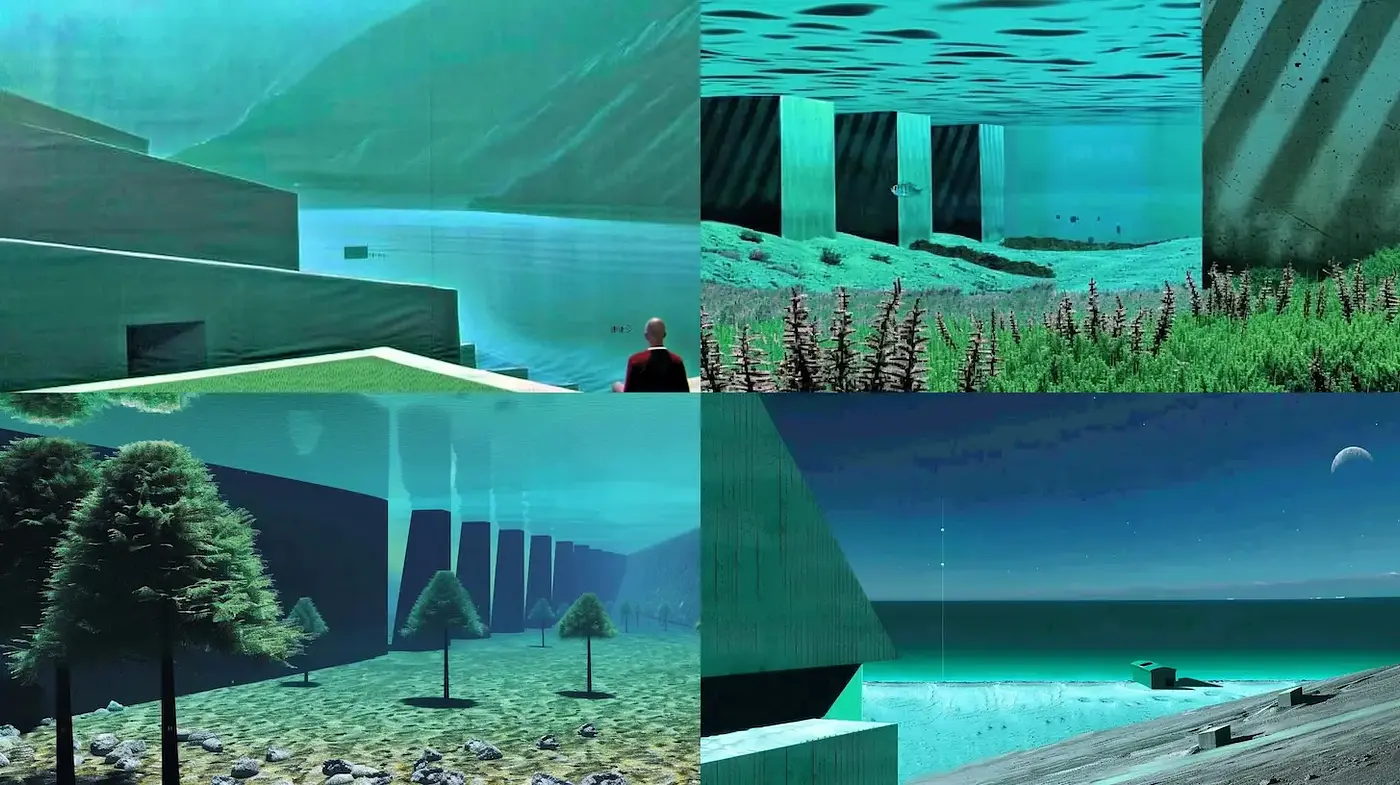 Surreal underwater landscapes with geometric forms and organic elements - Midjourney sref style