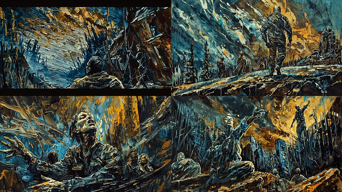 Dramatic Expressionist Synthesis with Bold Textural Contrast - Midjourney sref style