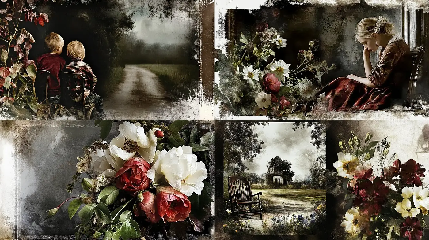 Time-worn Elegance: A Study of Faded Grandeur and Floral Opulence in Art - Midjourney sref style