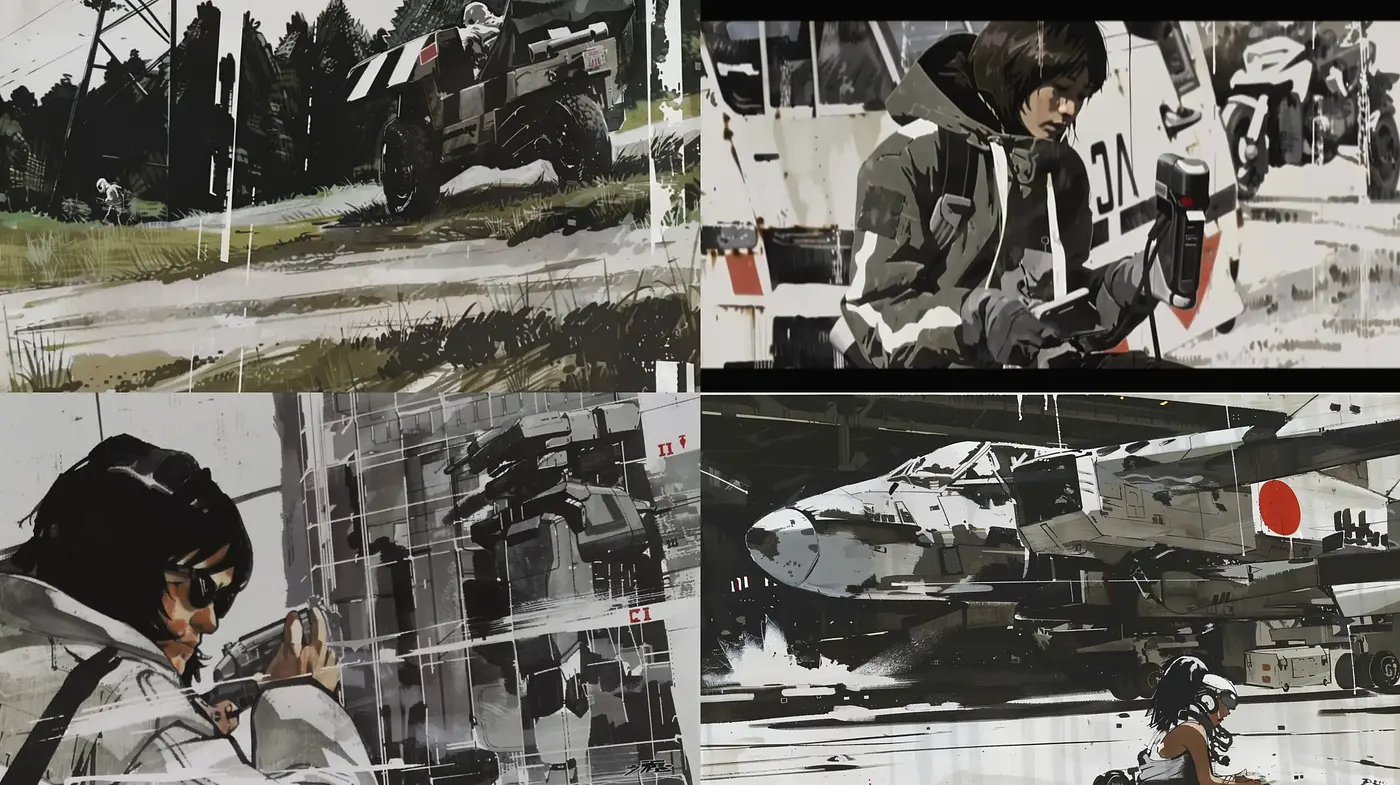 Dynamic Expressionist Brushwork in a Military Tech Noir Setting - Midjourney sref style