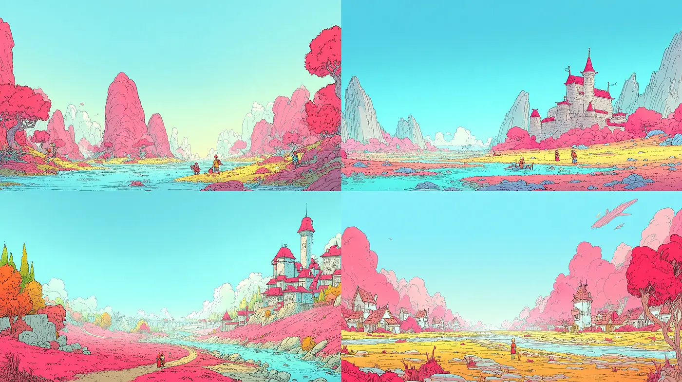 Vibrant and whimsical landscape artistry with a dreamlike essence - Midjourney sref style