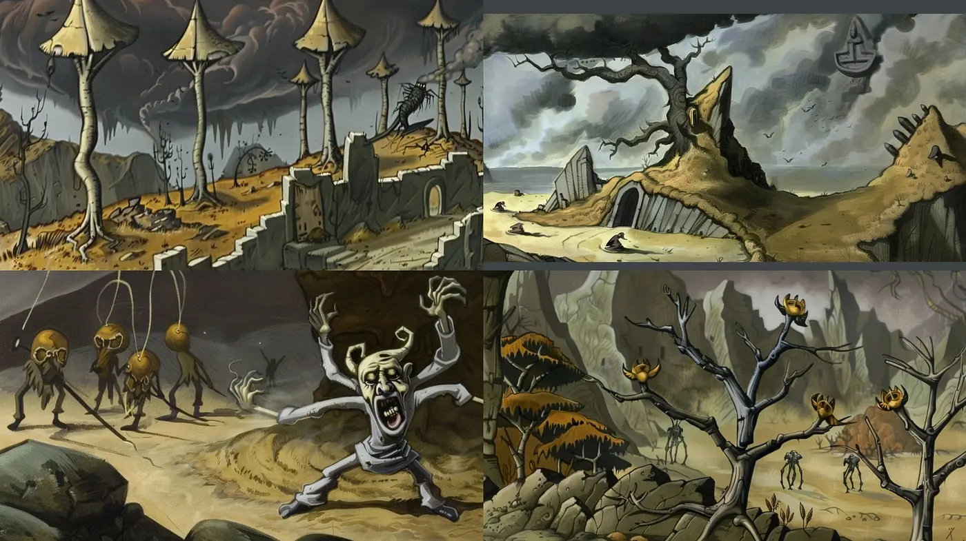 Gloomy Surrealistic Vistas: A Fusion of Macabre Whimsy and Sepia-Toned Dreams - Midjourney sref style