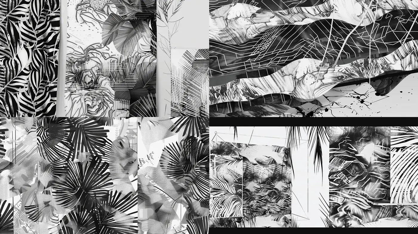 Monochromatic Botanical Tapestry with Contemporary Geometric Overlay - Midjourney sref style