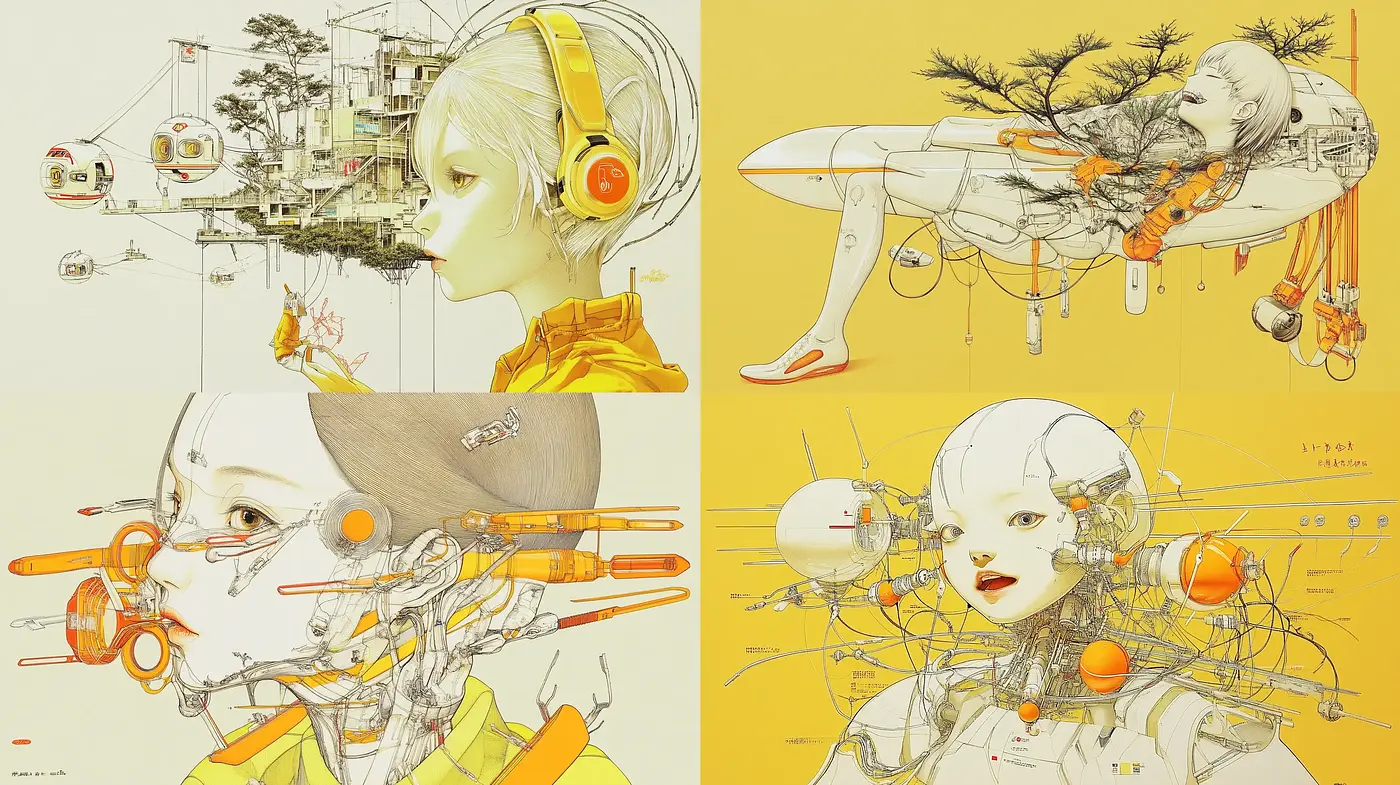 Futuristic Mechanical Symphony in Vibrant Yellows and Oranges - Midjourney sref style