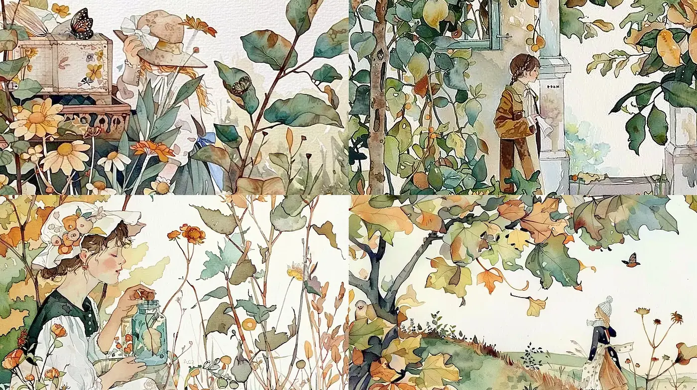 Whimsical Watercolor Garden Scenes with Nature's Embrace - Midjourney sref style