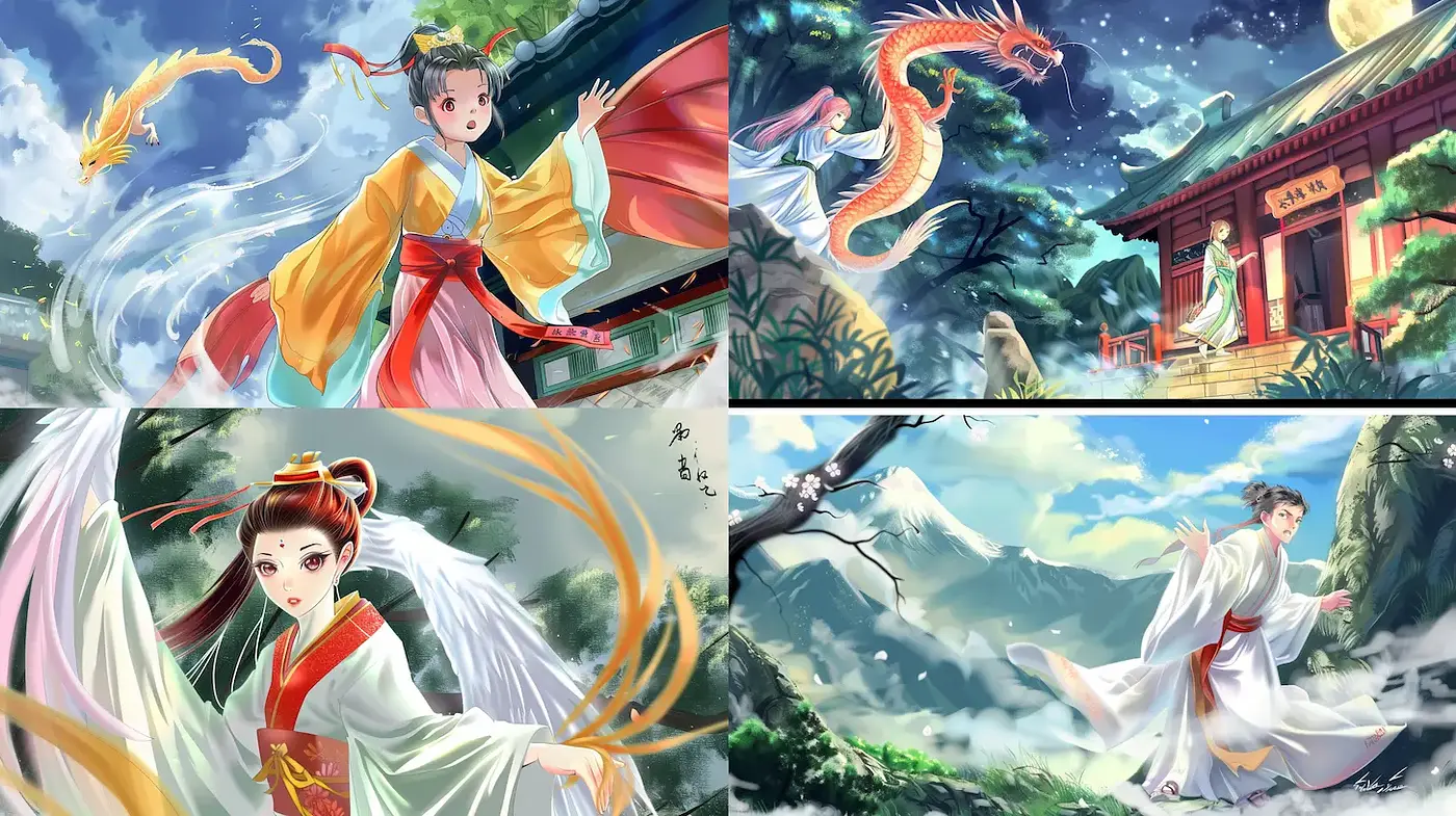 Dynamic and Enchanting Asian Fantasy Art Style with Soft Textures - Midjourney sref style