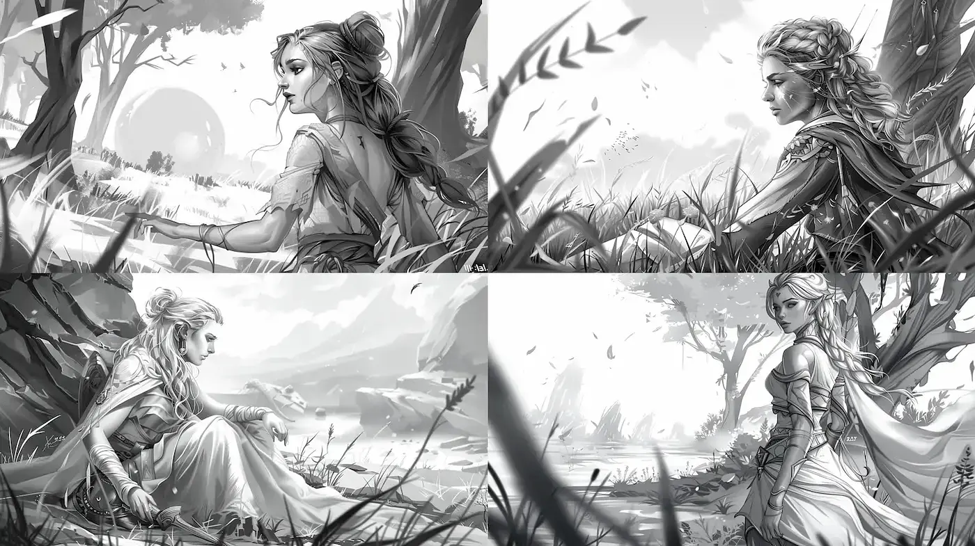Monochromatic Fantasy with Ethereal Grace and Timeless Elegance - Midjourney sref style