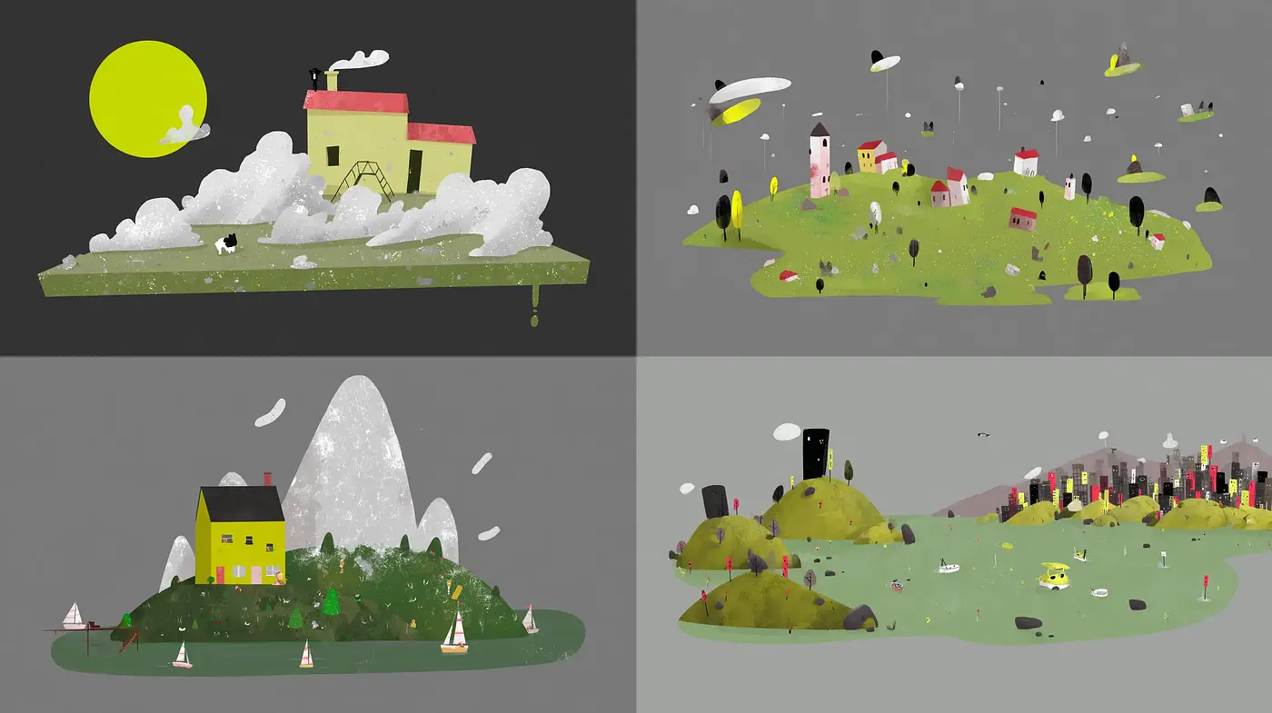 Whimsical and Minimalist Landscape Illustrations with a Playful Atmosphere - Midjourney sref style