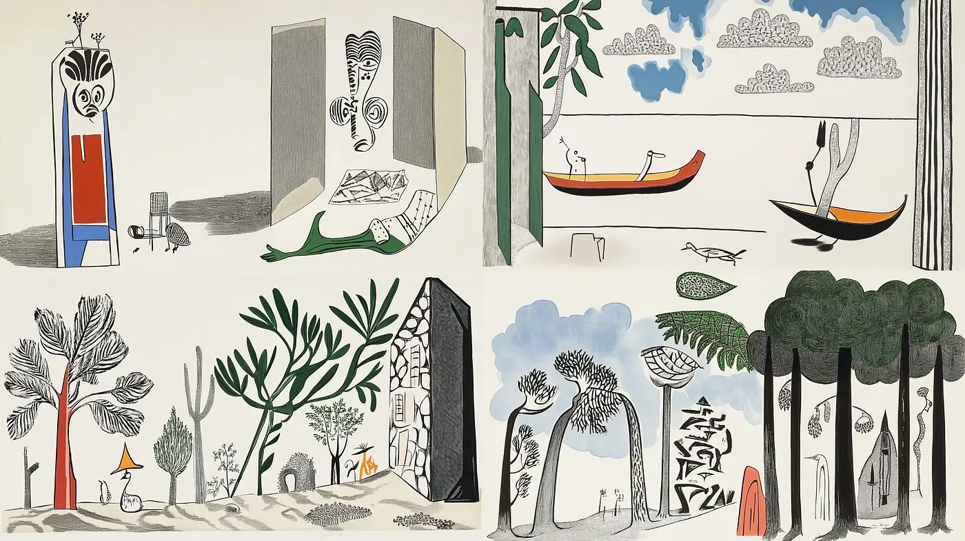 Monochromatic Whimsy: Stylized Nature and Figurative Imagery with a Modernist Influence - Midjourney sref style