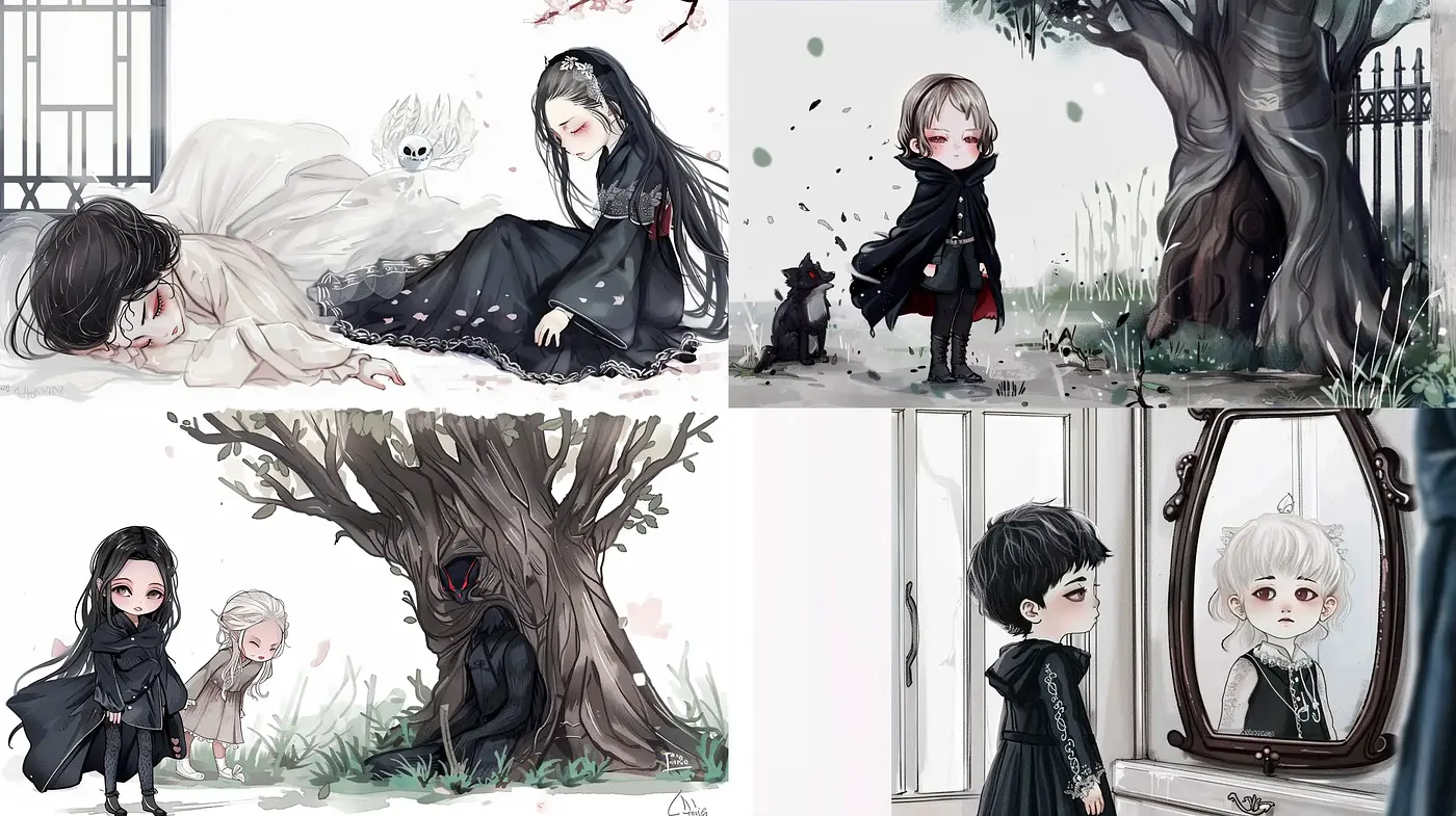 Gothic Whimsy in Ethereal Monochrome: A Study of Cartoon-like Mournfulness - Midjourney sref style