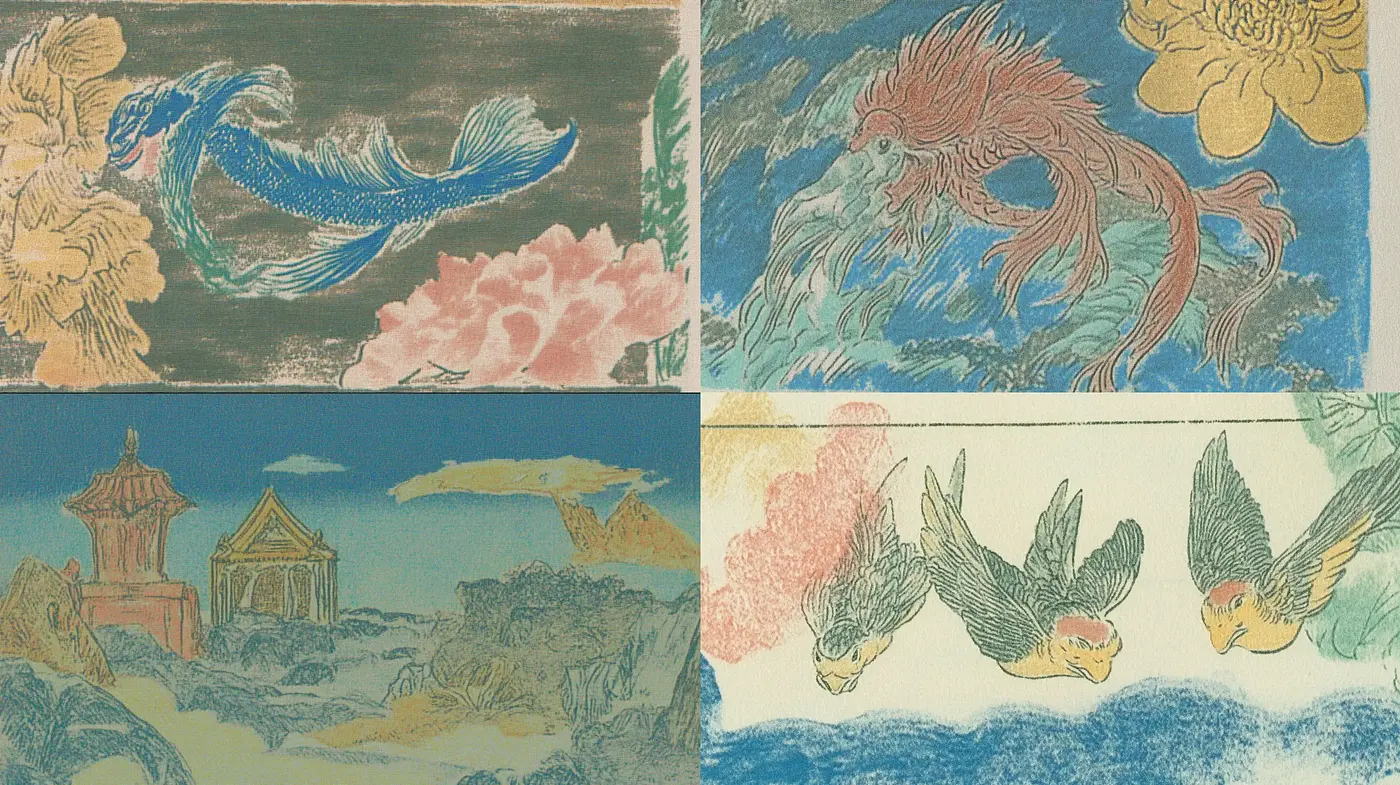 Ethereal Echoes of Asian Woodblock Printing - Midjourney sref style