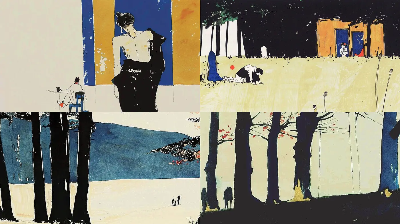 Abstract Figurative Expressionism with Bold Contrasts and Textured Splashes - Midjourney sref style