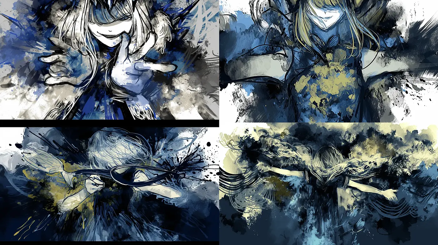 Ethereal Brushstrokes and Blotches in Cool Hues - Midjourney sref style