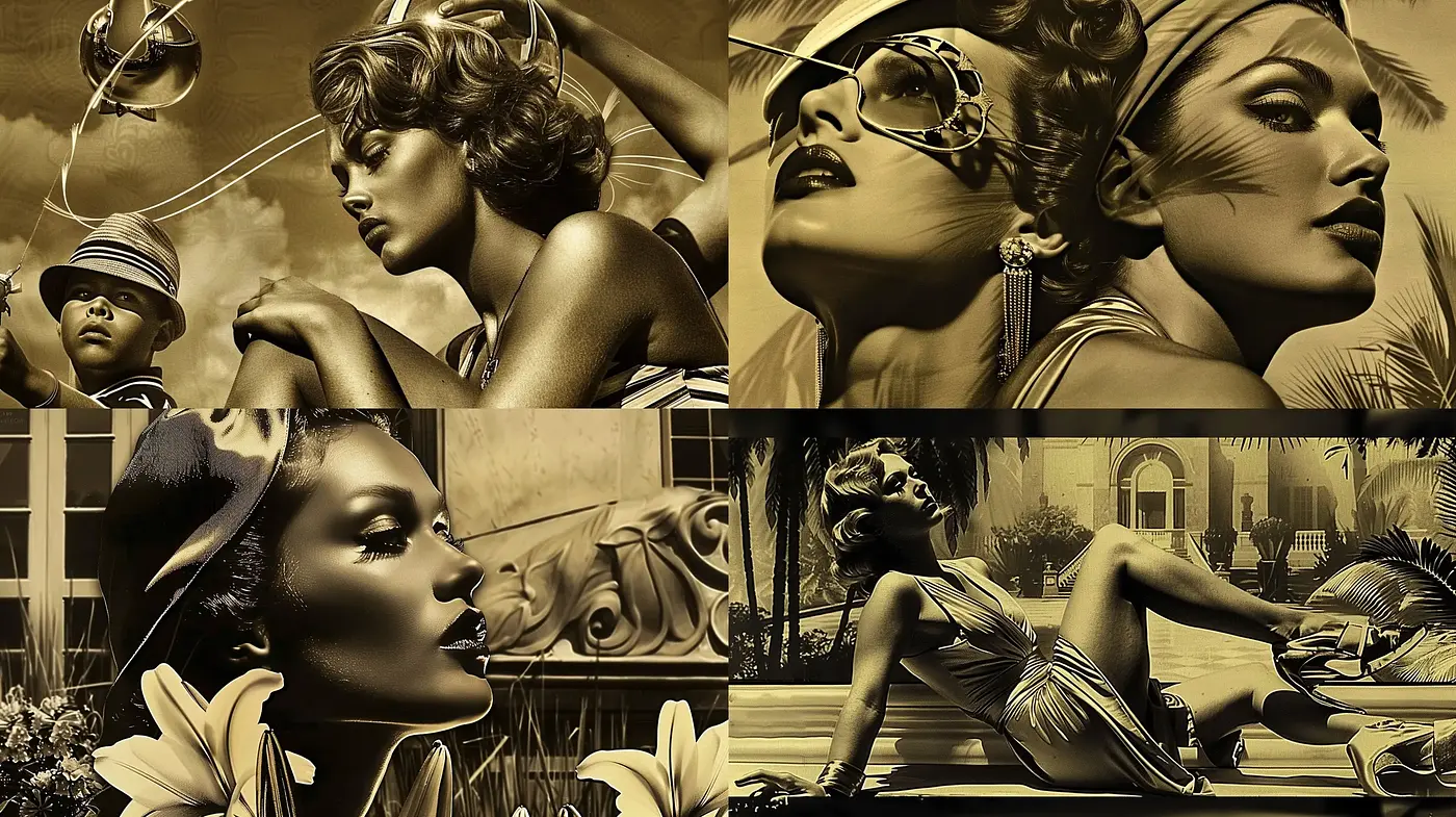Golden Age Glamour: An Homage to High-Contrast Hollywood Elegance and Art Deco Design - Midjourney sref style