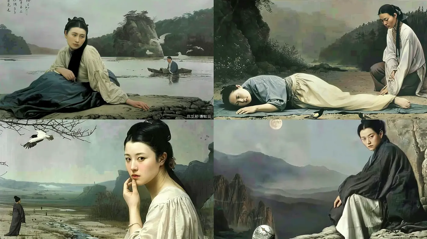 Tranquil Portraits amidst Ethereal Landscapes with Neoclassical Serenity - Midjourney sref style