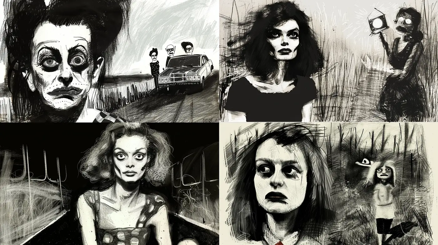 Gritty Noir Sketchbook – An Exploration of Expressive Brushwork and Monochromatic Storytelling - Midjourney sref style