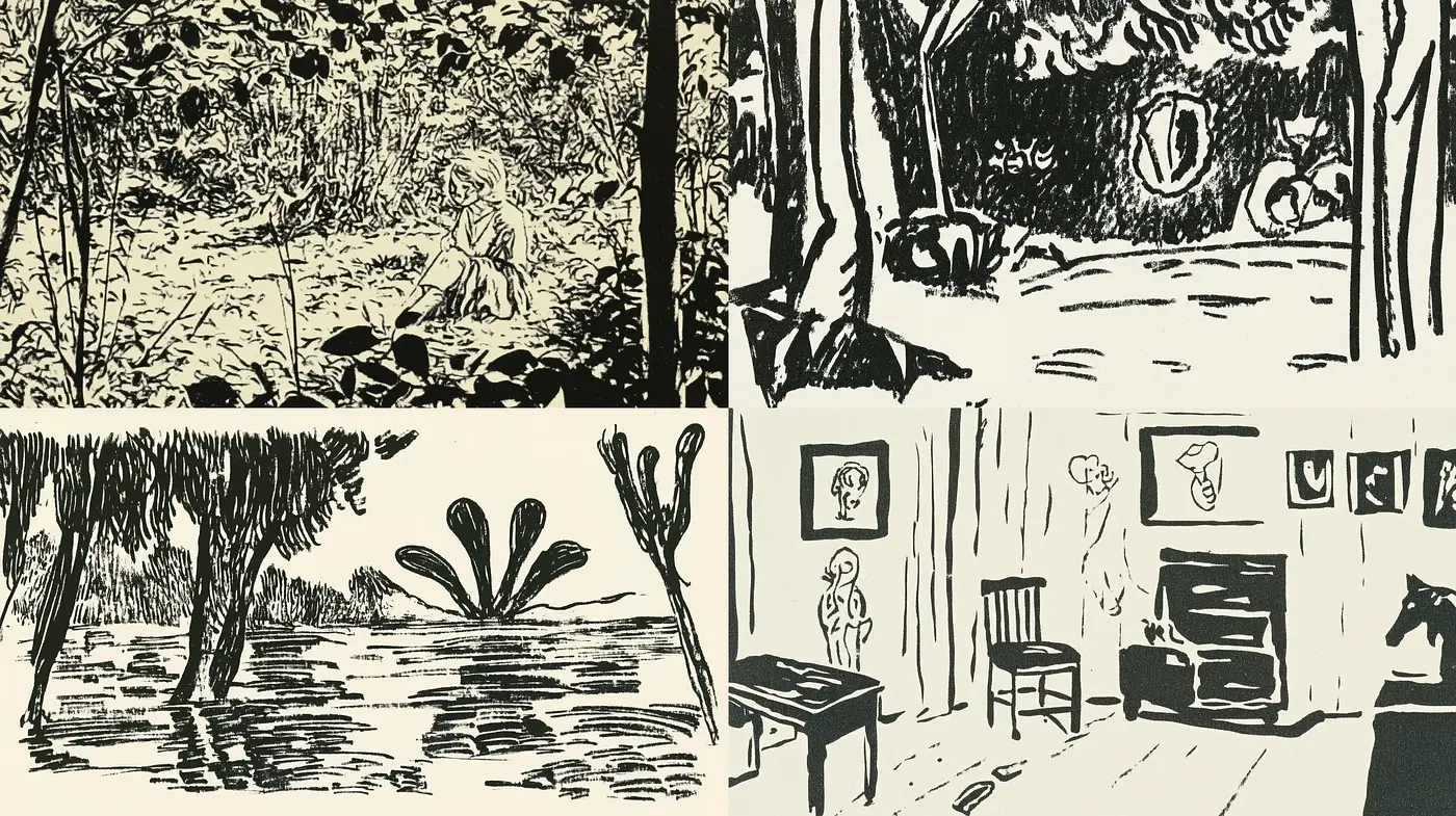 Graphical Ink Wash Illustrations with Vintage Sensibility - Midjourney sref style