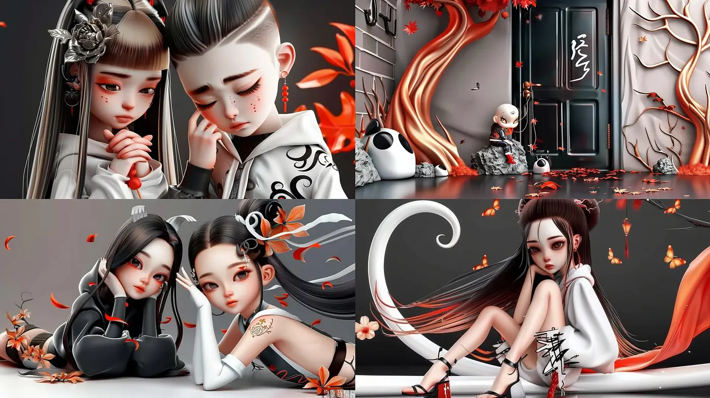 Monochromatic Elegance Meets Traditional Asian Aesthetics in Surreal Digital Artistry - Midjourney sref style