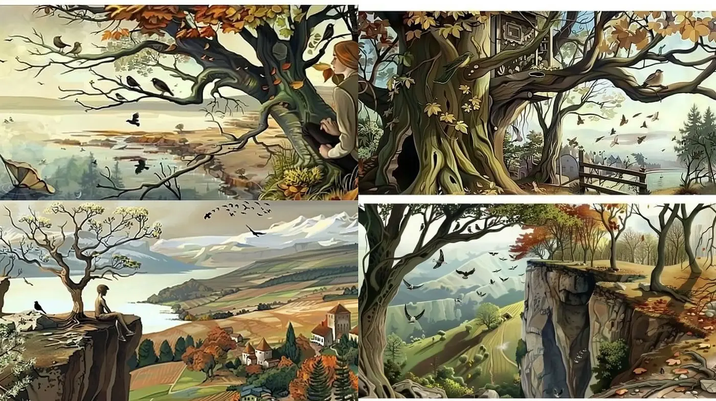 Autumnal Serenity in Stylized Pastoral Vistas - Midjourney sref style