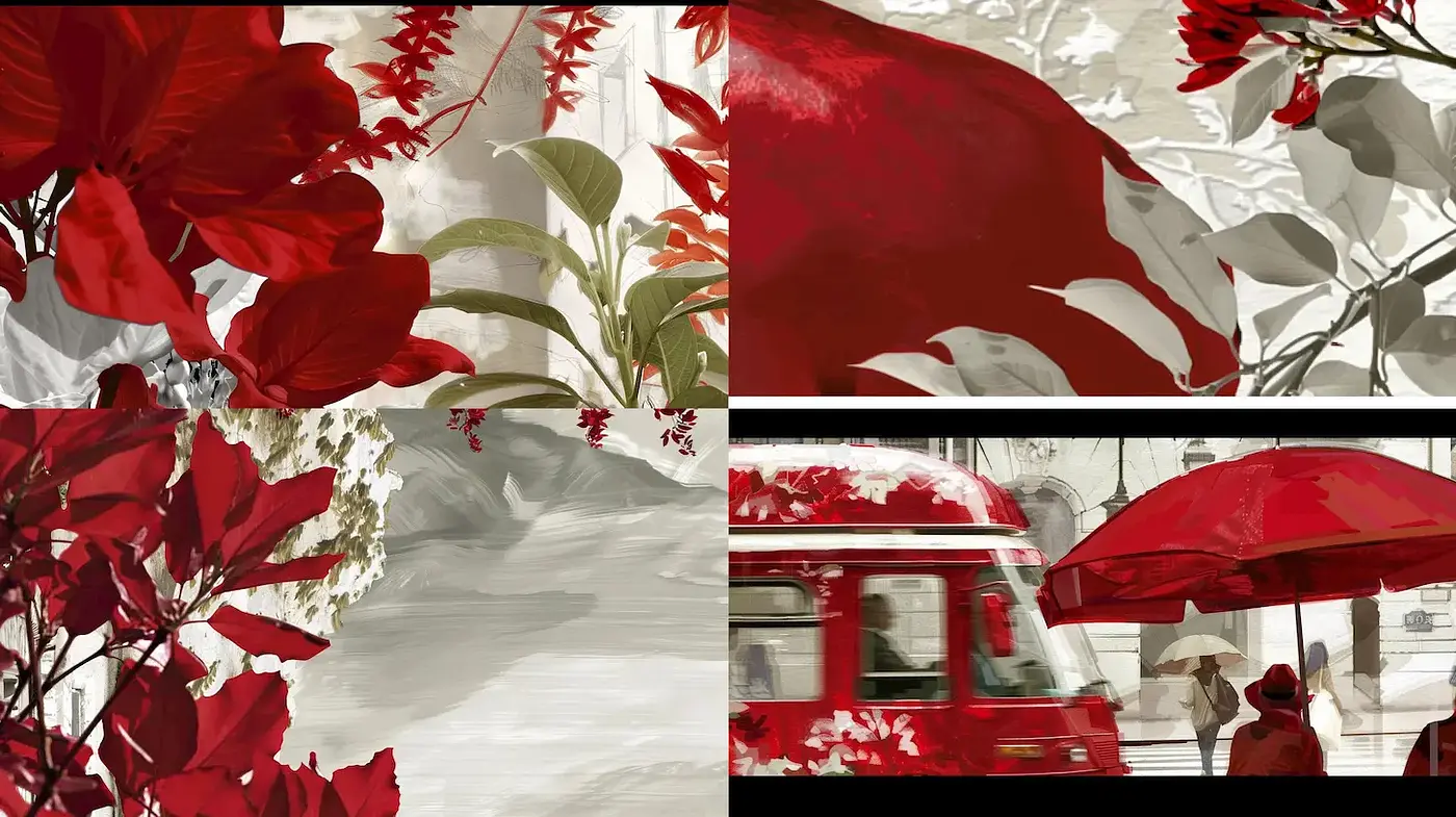 Vibrant Flora and Urban Harmony in Red Hues - Midjourney sref style