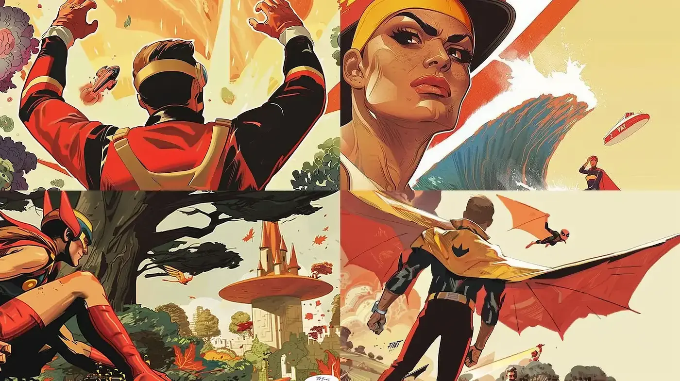 Dynamic superhero-themed illustrations with a retro-futuristic flair - Midjourney sref style
