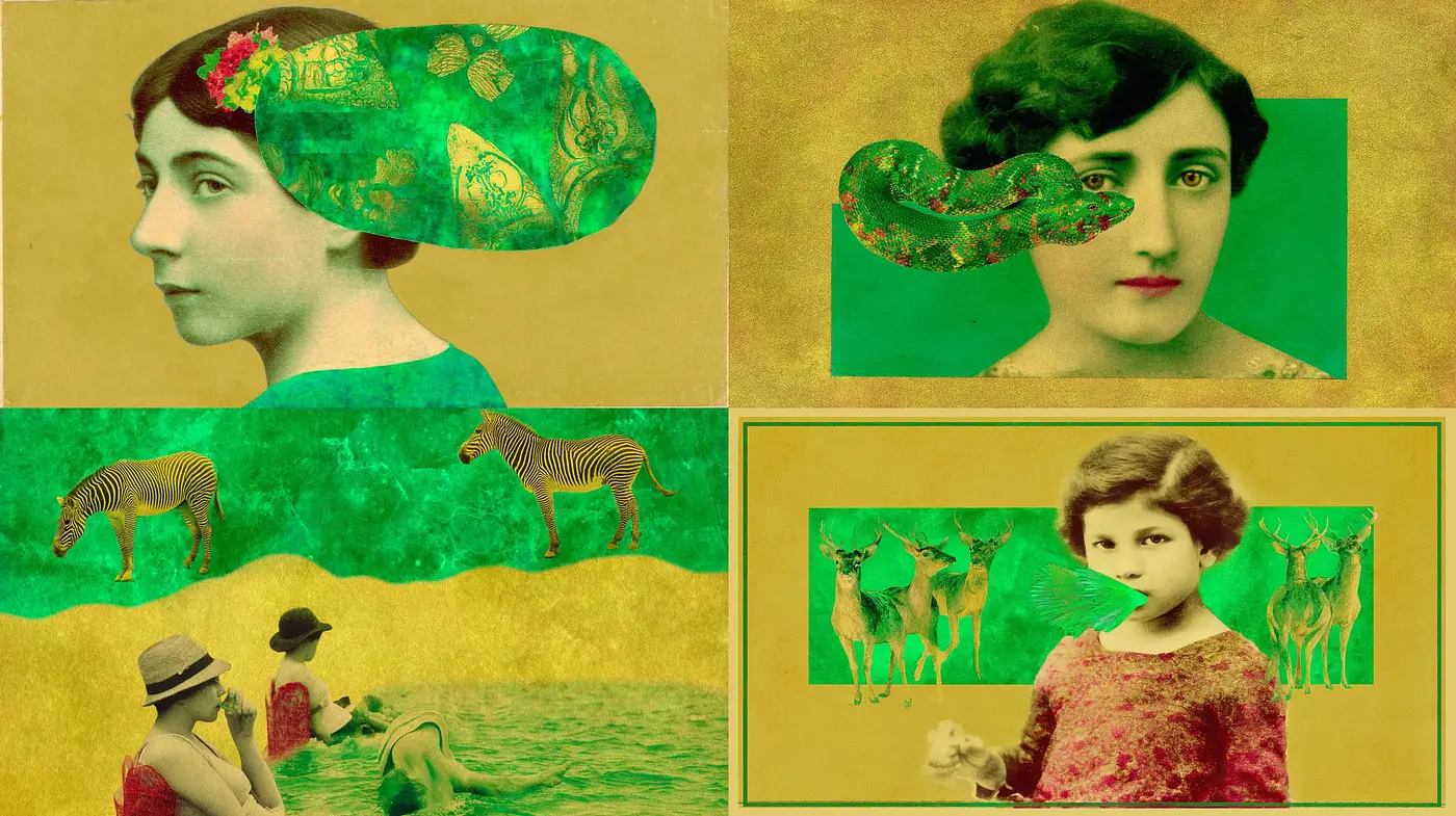 Surreal Vintage Collage Aesthetic with a Green Palette - Midjourney sref style