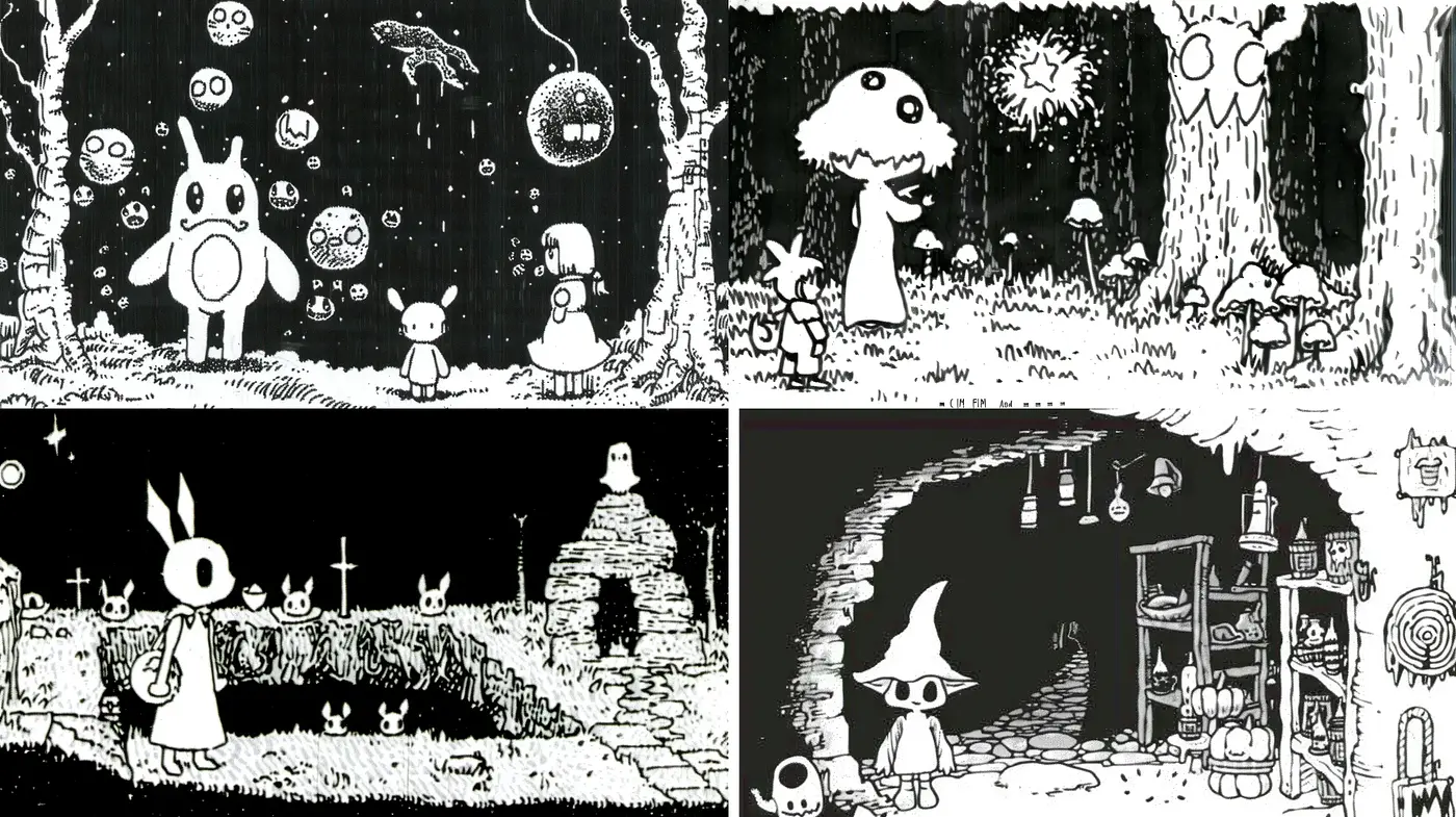 Monochromatic Enchanted Whimsy: A Fantasy Ink Illustration Series - Midjourney sref style